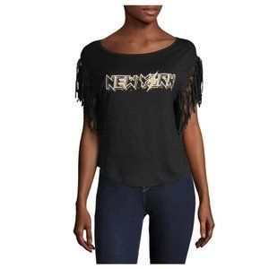 Highline Collective Fringe Sleeves NEW YORK Print Tee Shirt Black ( M )
